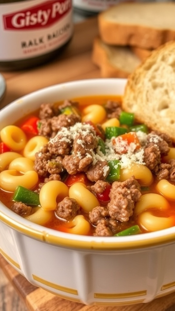 A bowl of hamburger macaroni soup with ground beef, macaroni, and vegetables, garnished with Parmesan cheese, alongside crusty bread.